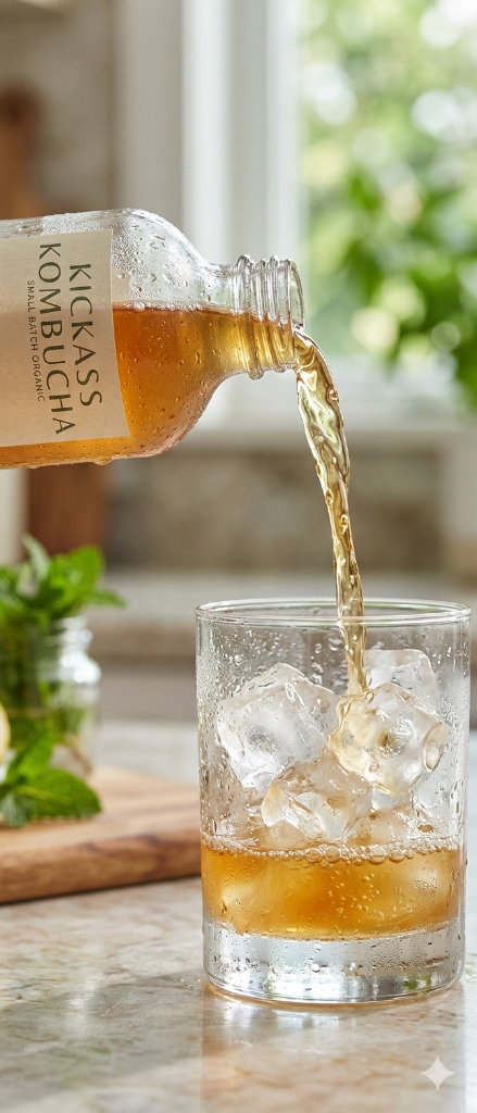 Stunning close up of Kickass Kombucha being poured into a chilled glass with ice