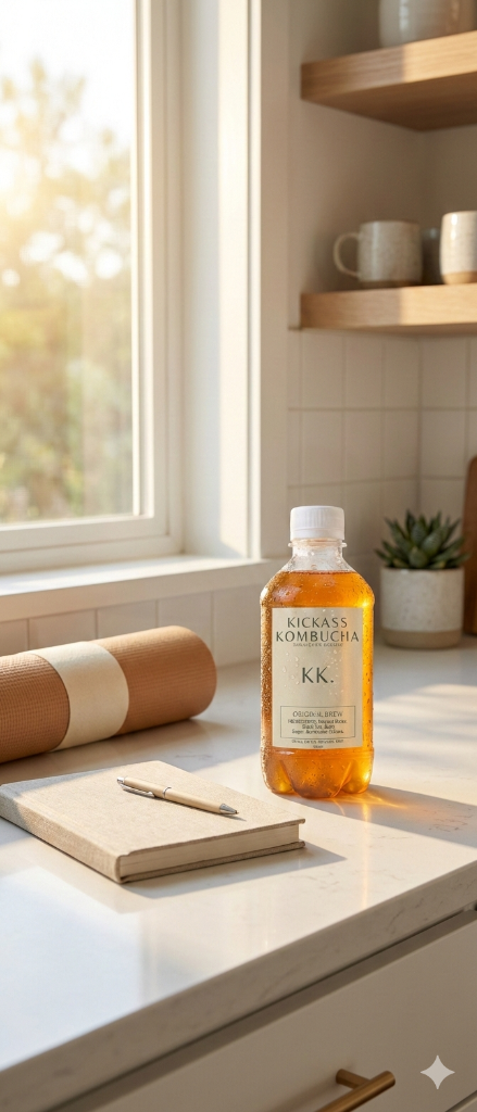 Customer starting their morning ritual with a fresh Kickass Kombucha bottle next to their yoga mat